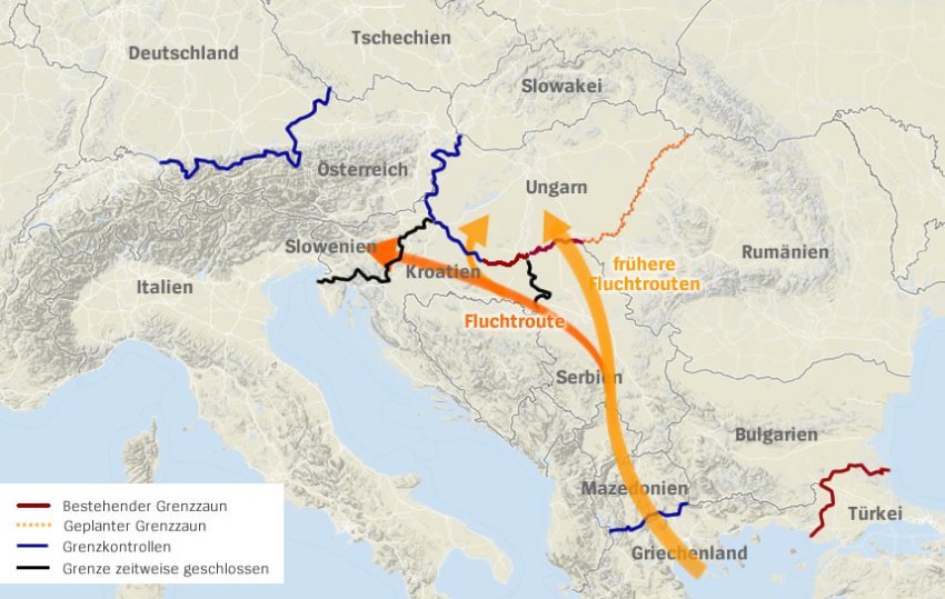 Izbjeglička ruta preko Balkana. Na mapi su prikazane ograde i tada zatvorena granica između Hrvatske i Slovenije, te Hrvatske i Srbije te pojačane granice unutar EU (plavom bojom). Izvor: Spiegel