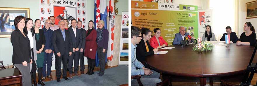 Delegacija Urbact projekta AGRI-URBAN NETWORK u posjeti Petrinji (lijevo) i gradonačelnik Petrinje sa suradnicima u URBACT projektima (desno). Fotografije: Grad Petrinja