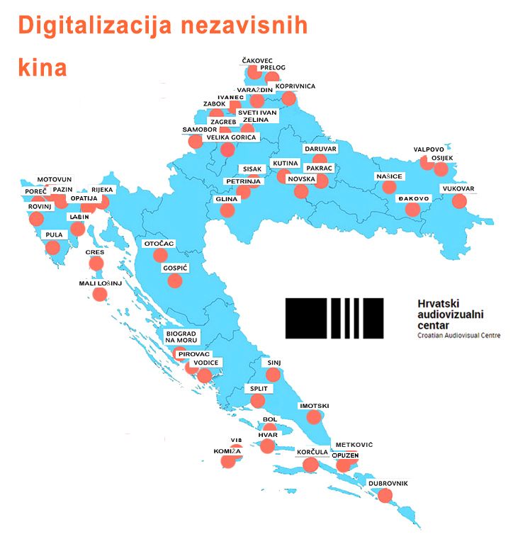 Gradovi obuhvaćeni projektom digitalnog opremanja kinodvorana. Izvor: Vlada RH