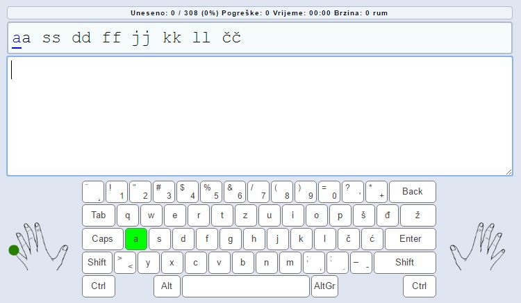 Prva lekcija i početak učenja slijepog tipkanja. Kao što vidite, možete odabrati tipkovnicu na hrvatskom jeziku, sa svim našim znakovima. Ruke s lijeve i desne strane pokazuju prste koje trebate koristiti za pojedino slovo.