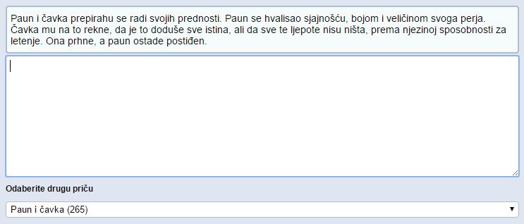 Vježba pretipkavanja teksta. Iz padajućeg izbornika možete odabrati puno tekstova na hrvatskom jeziku.