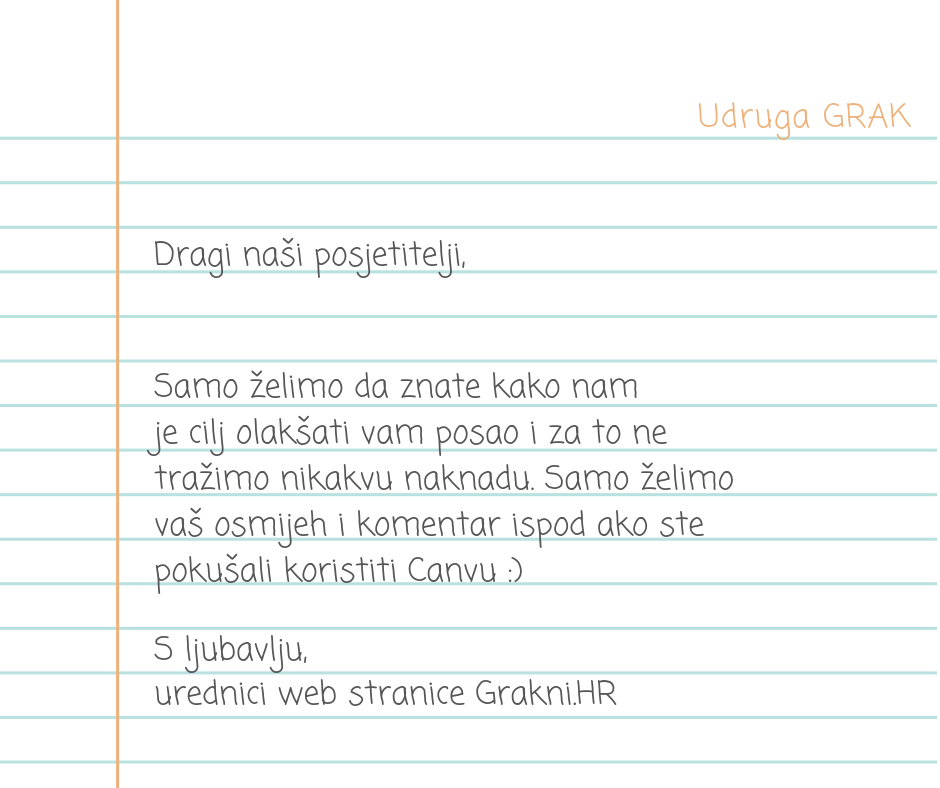 I ovo smo napravili u Canvi ali nije šala. Zbilja će nam biti drago ako budete koristili Canvu i napišete nam svoje komentare. Je li bilo teško napraviti svoju prvu sliku s ugrađenim tekstom?